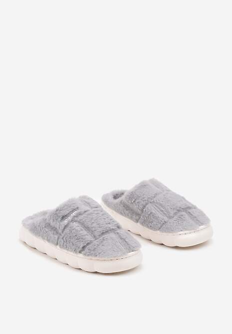 Szare Płaskie Futrzane Kapcie z Geometrycznym Wzorem Naoritha