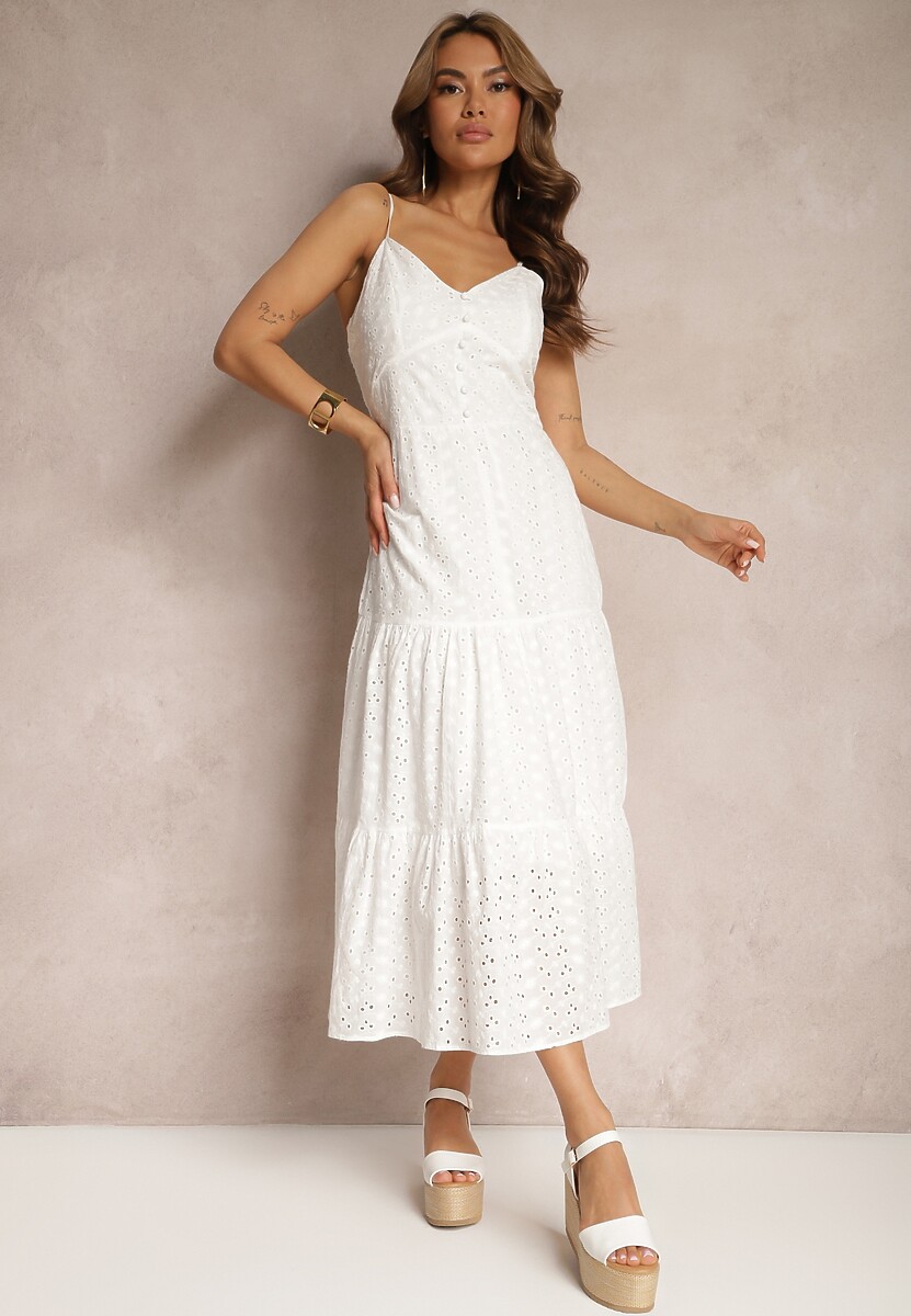 Biała Bawełniana Sukienka z Cienkimi Ramiączkami o Haftowanym Wykończeniu z Gumką w Talii Lomila