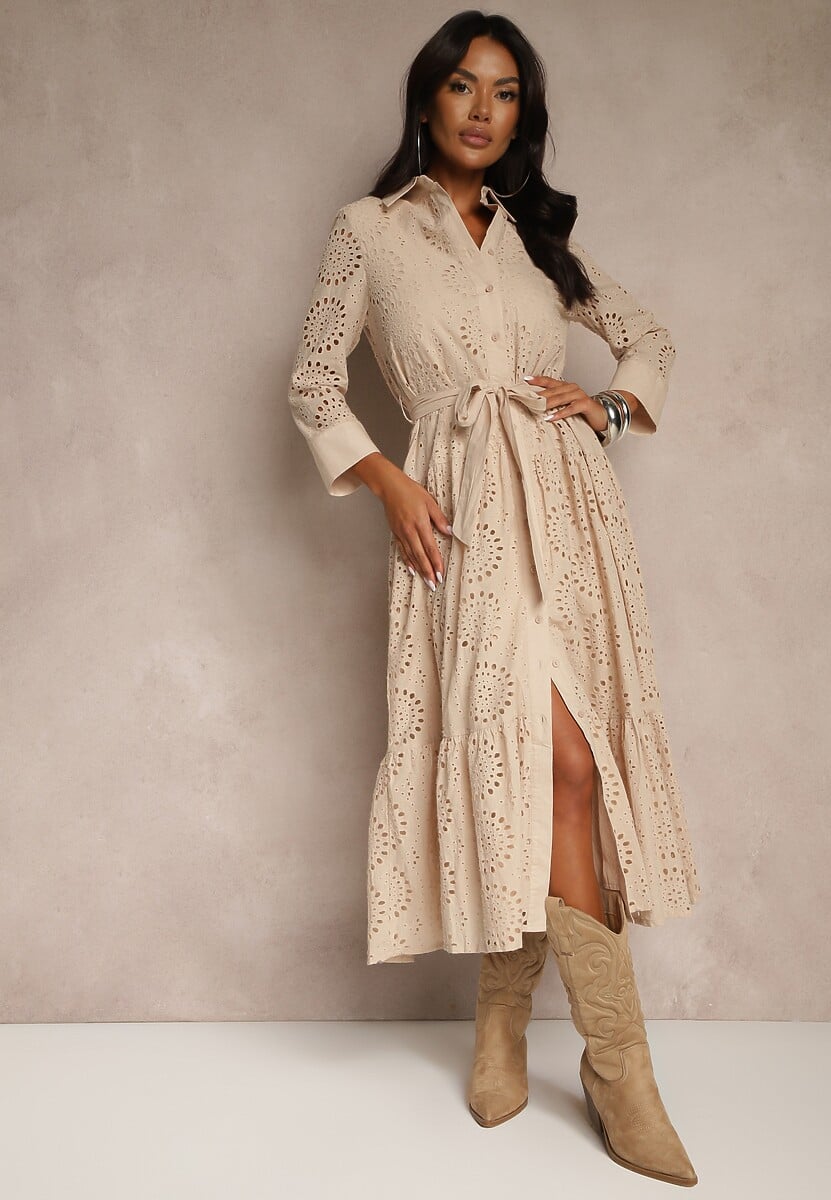 Beżowa Ażurowa Sukienka Koszulowa z Bawełnianej Tkaniny Felicema