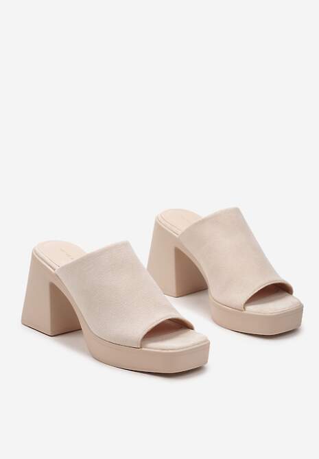 Beżowe Klapki na Słupku z Platformą z Szerokim Paskiem z Ekozamszu Airgasta