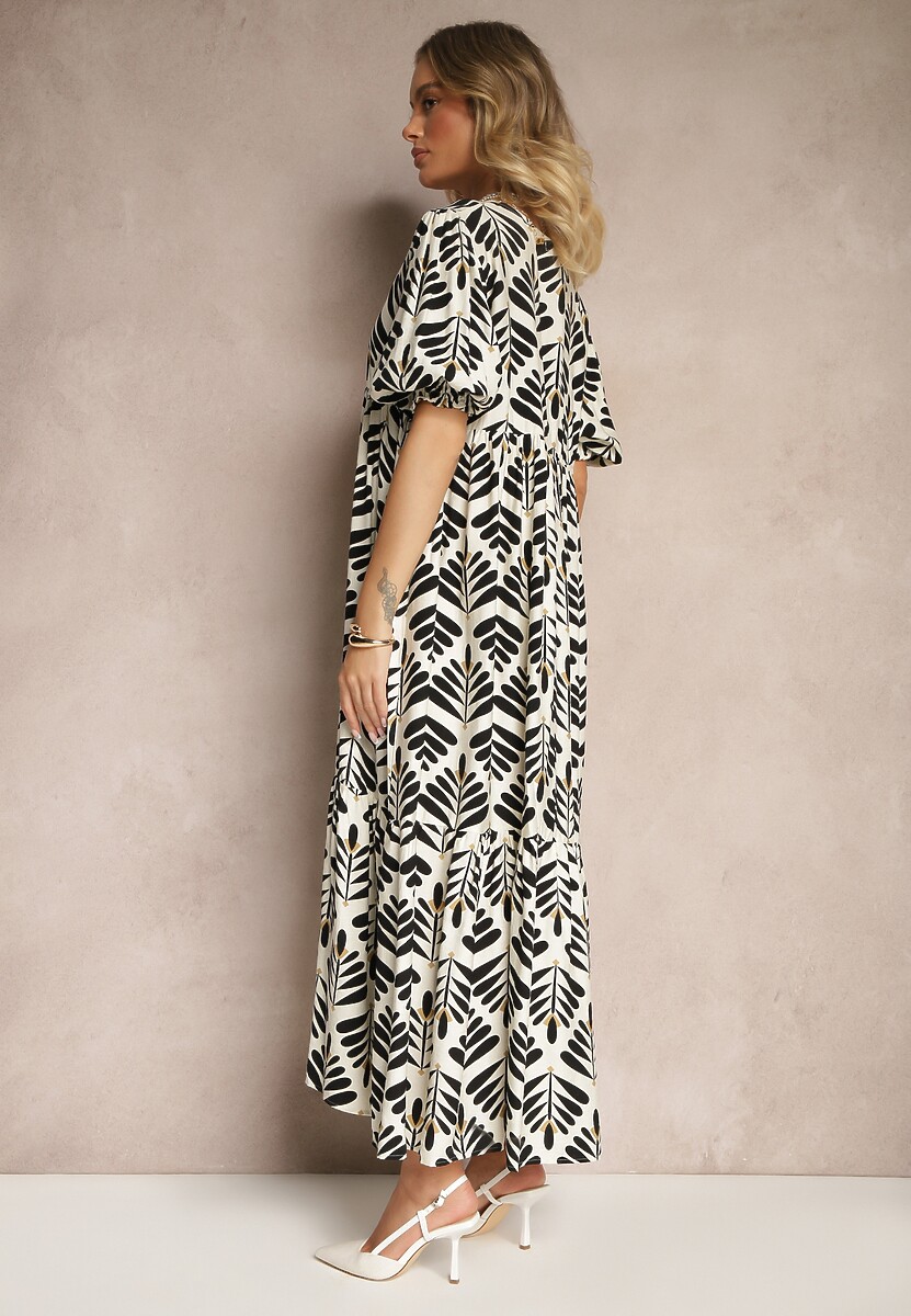 Czarna Sukienka z Wiskozą o Rozkloszowanym Kroju w Roślinny Wzór Heledis