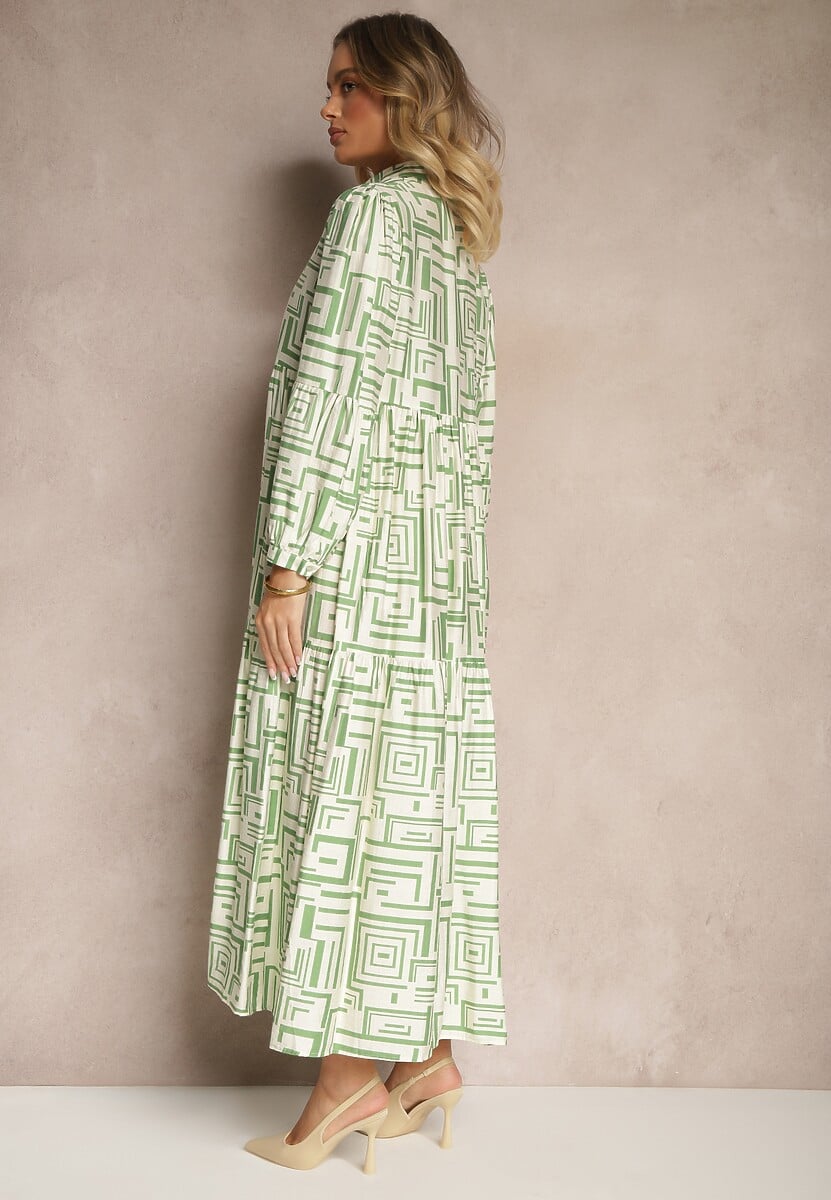 Zielona Rozkloszowana Sukienka z Wiskozą w Geometryczny Print Apirestia