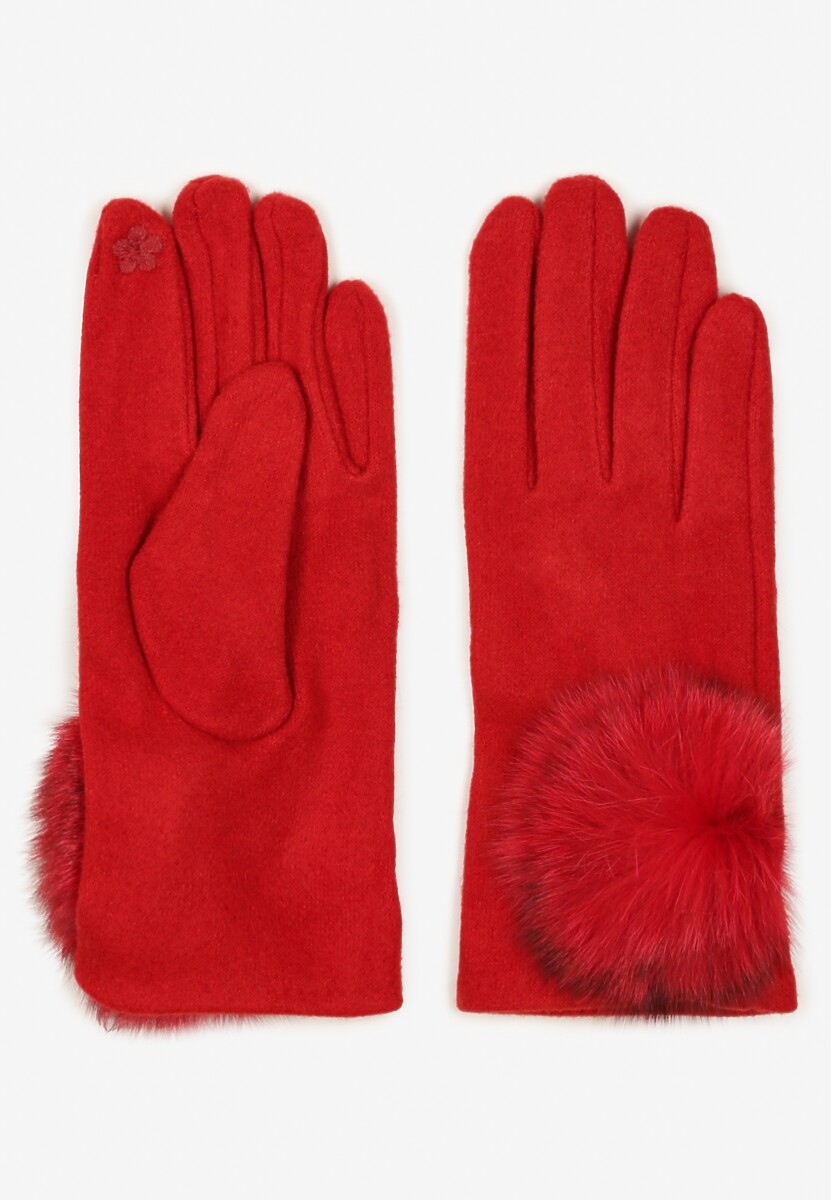 Bordowe Rękawiczki z Bawełną Ozdobione Futrzanym Pomponem Nadelina