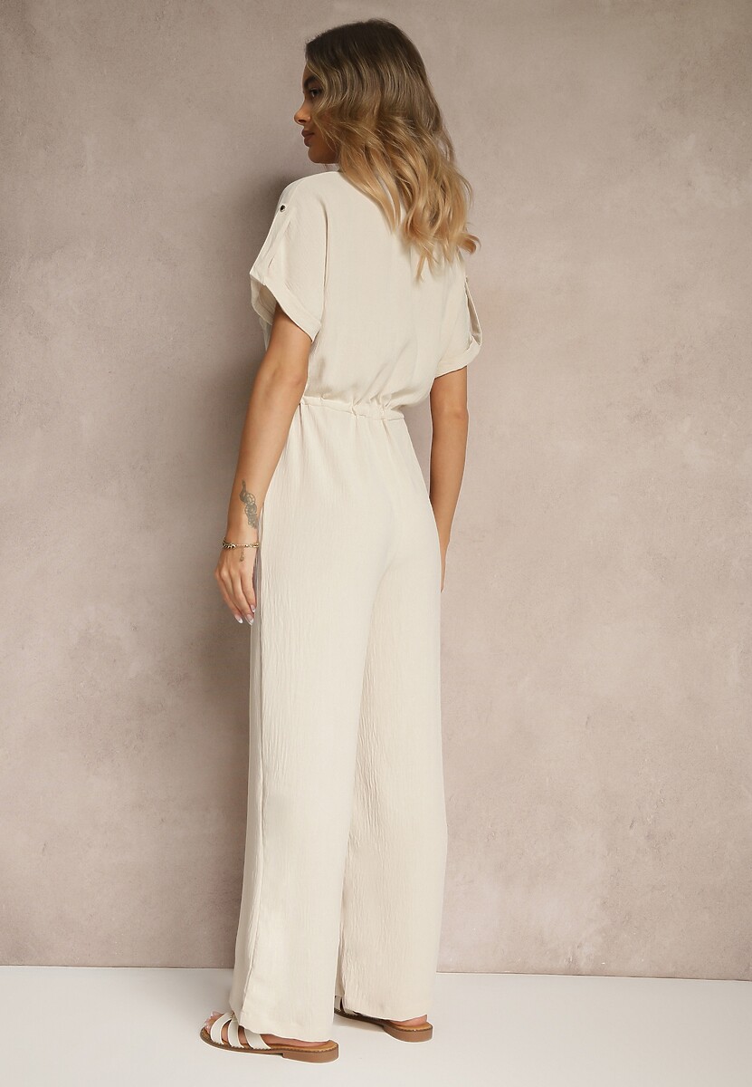 Jasnobeżowy Koszulowy Kombinezon z Krótkim Rękawem Wiązany w Pasie Maraisla