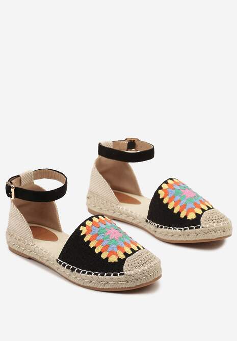 Czarne Espadryle na Płaskiej Podeszwie Zapinane na Sprzączkę z Plecioną Podeszwą Laveda