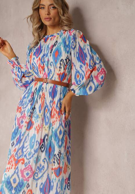 Niebieska Rozkloszowana Sukienka z Plisowaniem i Paskiem Thelosine