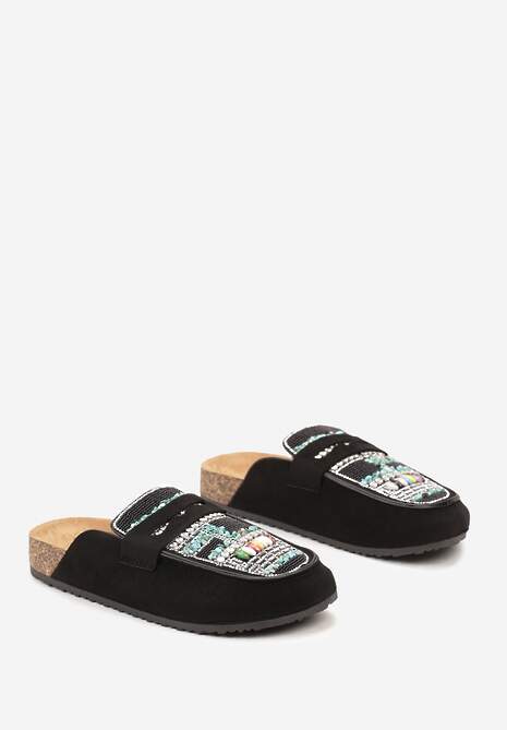 Czarne Klapki Mule z Koralikami na Zakrytym Nosku Aserhia