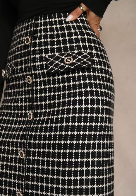 Czarno-Biała Tweedowa Spódnica Ołówkowa w Kratę z Guzikami Aretusa