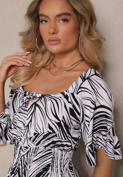 Czarna Sukienka z Bawełny o Rozkloszowanym Kroju z Motywem Liści Aluielle