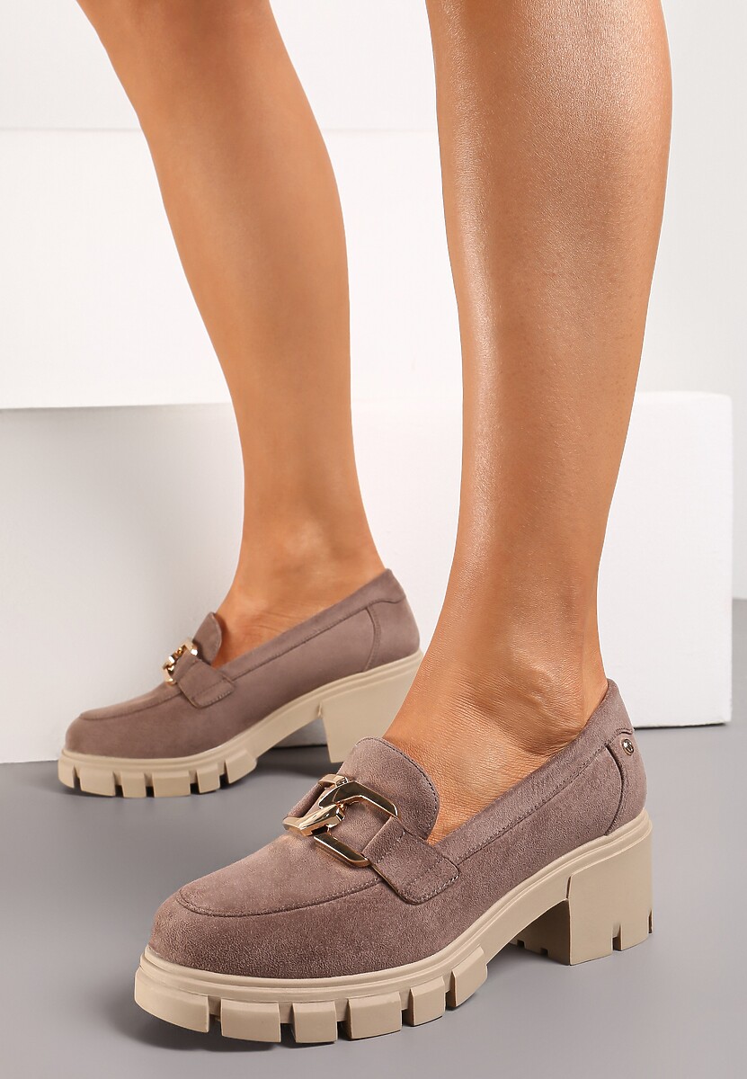 Zielone Półbuty ze Skórzaną Wkładką na Niskiej Platformie i Słupku z Ozdobną Klamrą Salpani