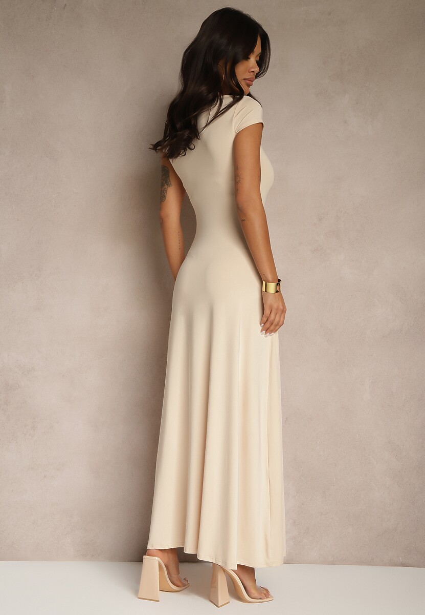 Jasnobeżowa Rozkloszowana Sukienka z Wiskozą z Kwadratowym Dekoltem Nalorina