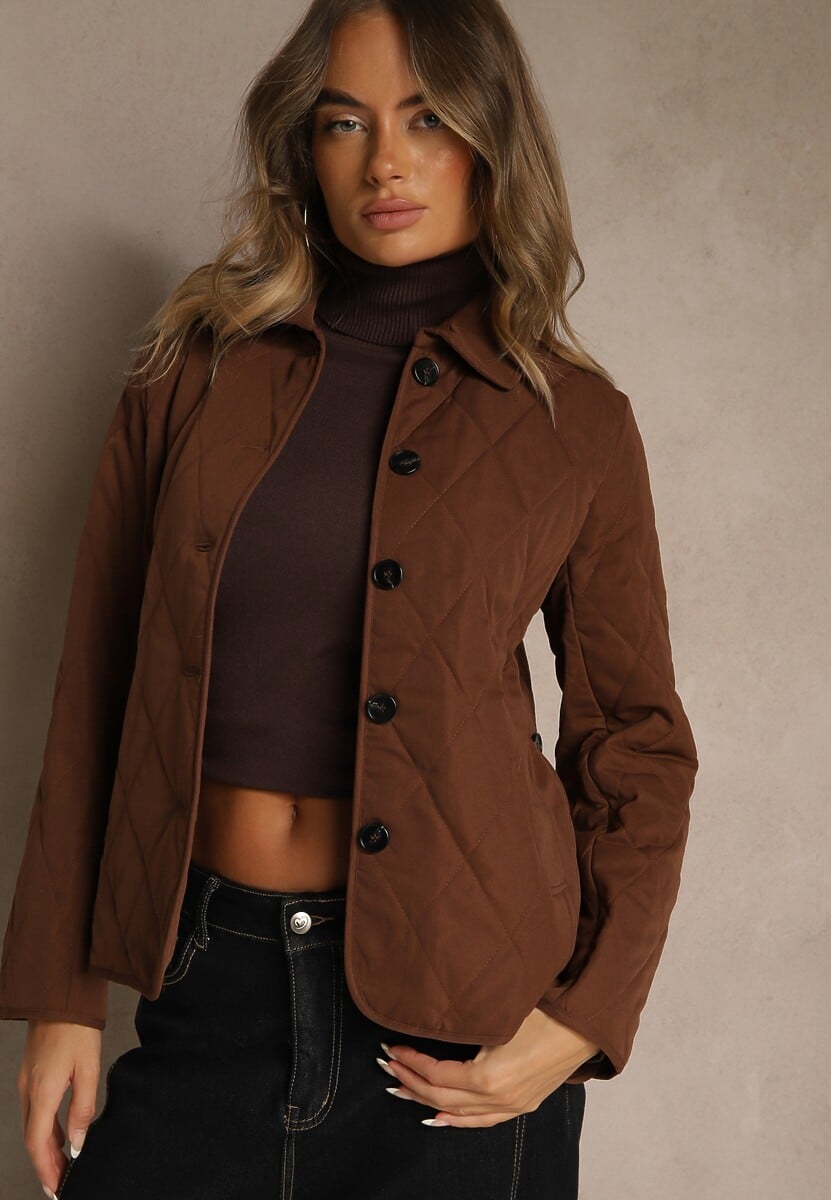 Brązowa Koszulowa Kurtka Ozdobiona Pikowaniem i Pagonami Avadvira