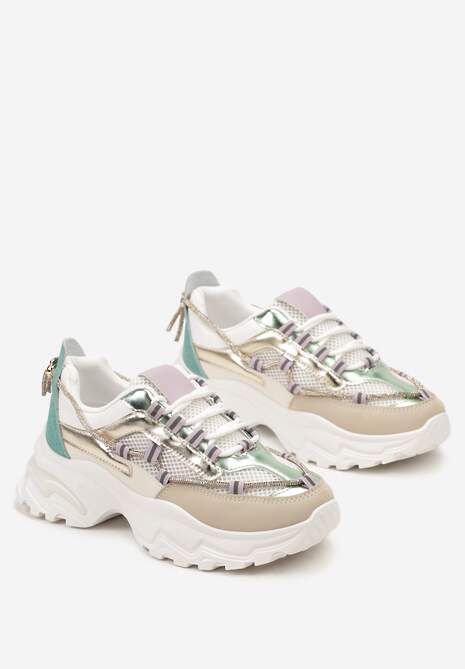 Beżowo-Zielone Sneakersy z Metalicznymi Wstawkami na Niskiej Platformie z Ozdobnym Sznurkiem Oiriema