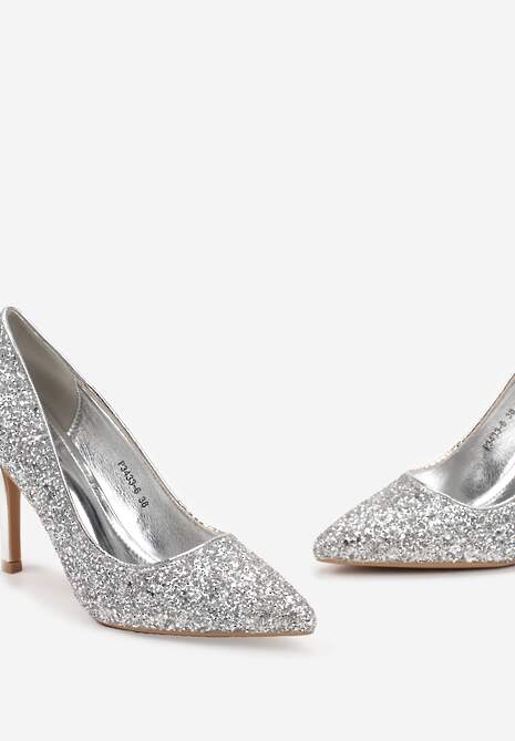 Srebrne Błyszczące Szpilki z Noskiem w Szpic i Kryształkami Mirar