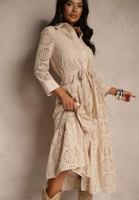 Beżowa Ażurowa Sukienka Koszulowa z Bawełnianej Tkaniny Felicema