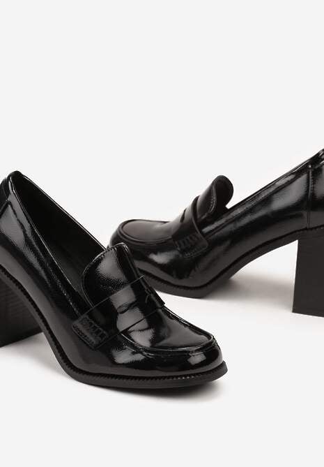 Czarne Lakierowane Półbuty na Słupku Wykończone Przeszyciami i Paskiem Navssa