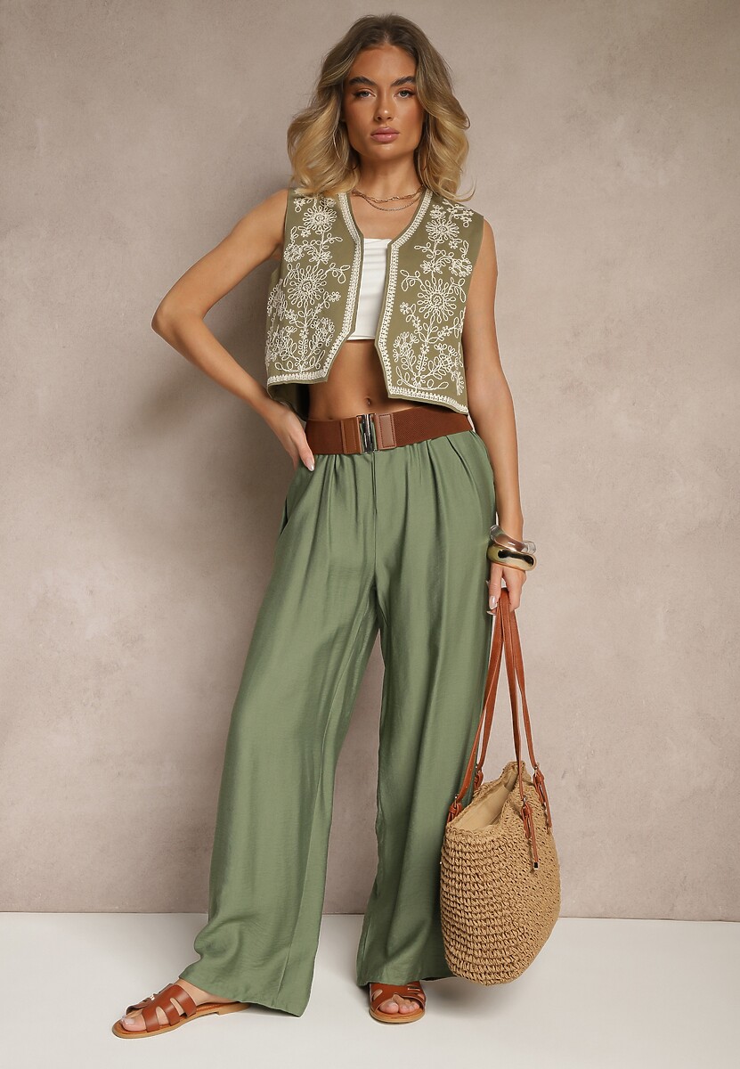 Ciemnozielona Bawełniana Kamizelka z Haftowanym Wzorem Lisadora