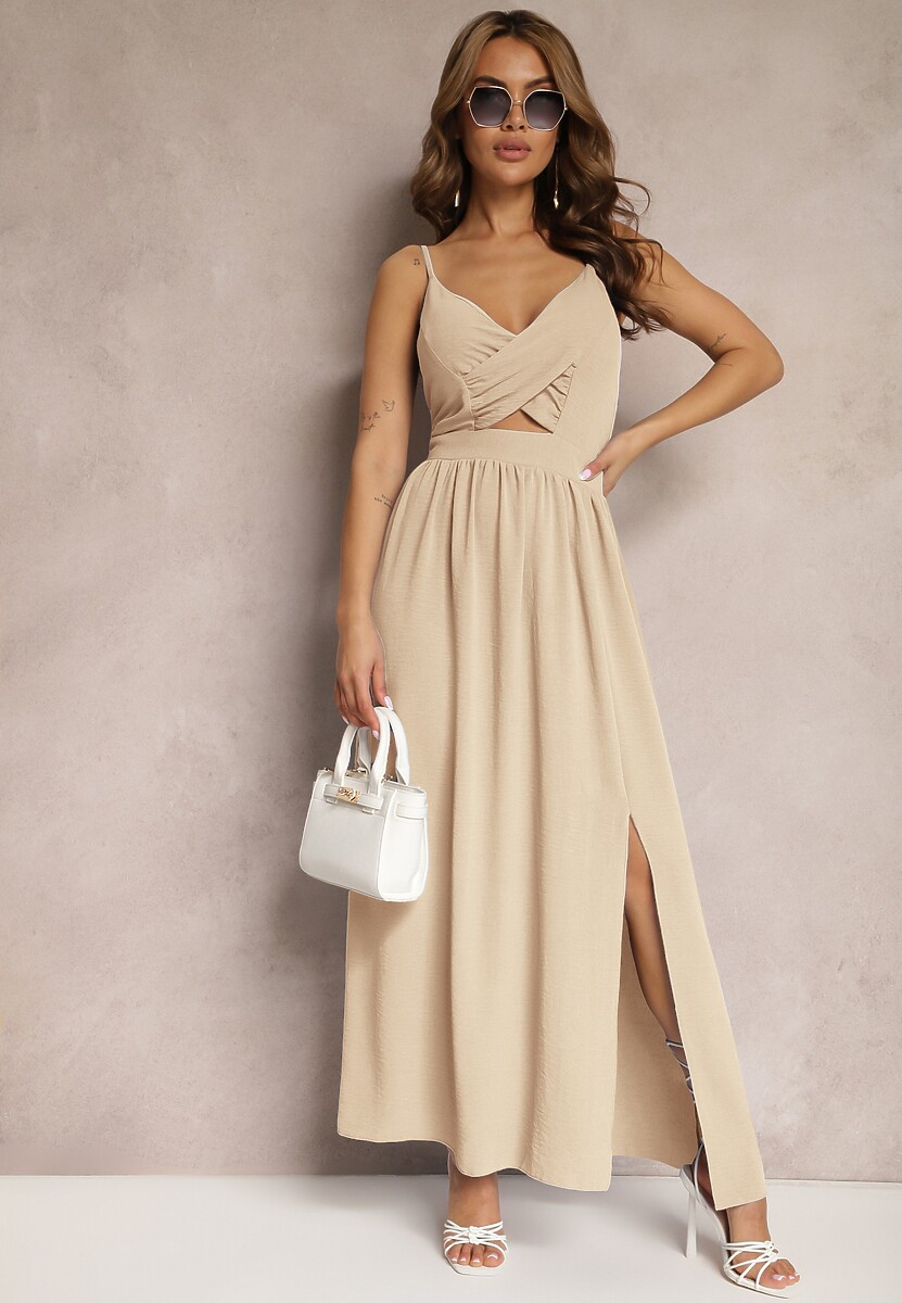 Beżowa Sukienka z Wycięciami na Ramiączkach z Wycięciami i Gumką w Talii Lomiara