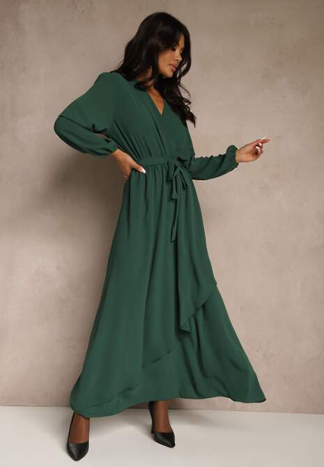 Zielona Asymetryczna Koktajlowa Sukienka z Wiskozą Kopertowym Dekoltem i Paskiem Laniea