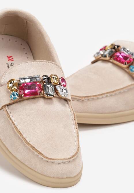 Beżowe Mokasyny w Cyrkonie i Wkładką ze Skóry Naturalnej Werisa
