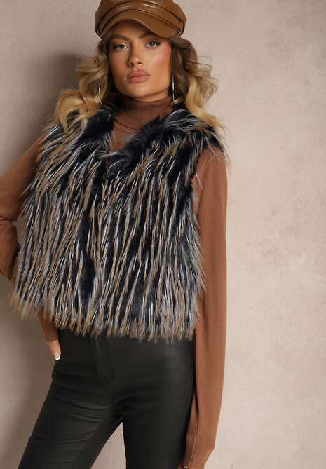 Granatowa Niezapinana Kamizelka Futerko Heleeti