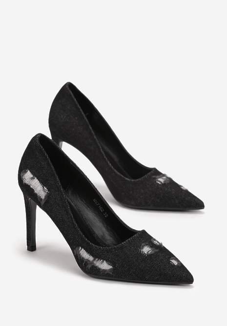 Czarne Szpilki z Jeansowego Materiału z Przetarciami Halabi