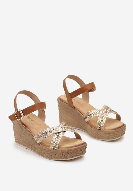 Brązowo-Złote Sandały na Koturnie z Jutową Plecionką i Splecionymi Paskami Rosadusk