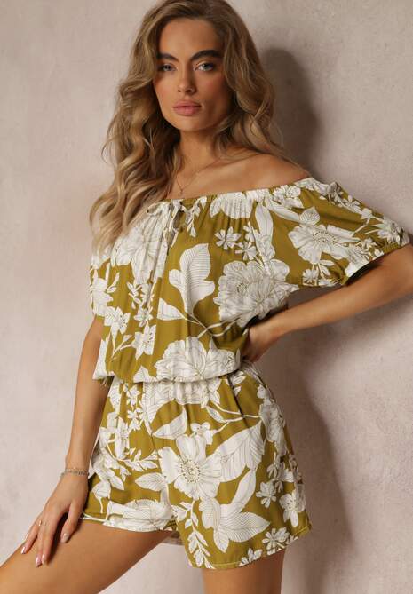 Zielony Krótki Kombinezon z Wiskozy z Bufiastymi Rękawami Arenai