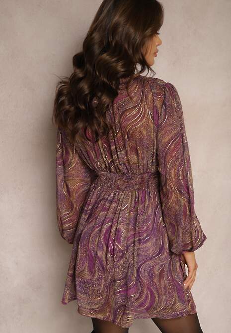 Fioletowa Taliowana Sukienka o Rozkloszowanym Kroju z Prześwitującymi Rękawami i Stójką Relabia