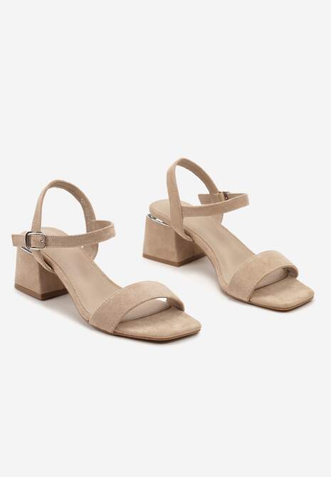 Ciemnobeżowe Sandały z Wyściółką z Ekoskóry na Słupku z Zapięciem na Sprzączkę Maloella