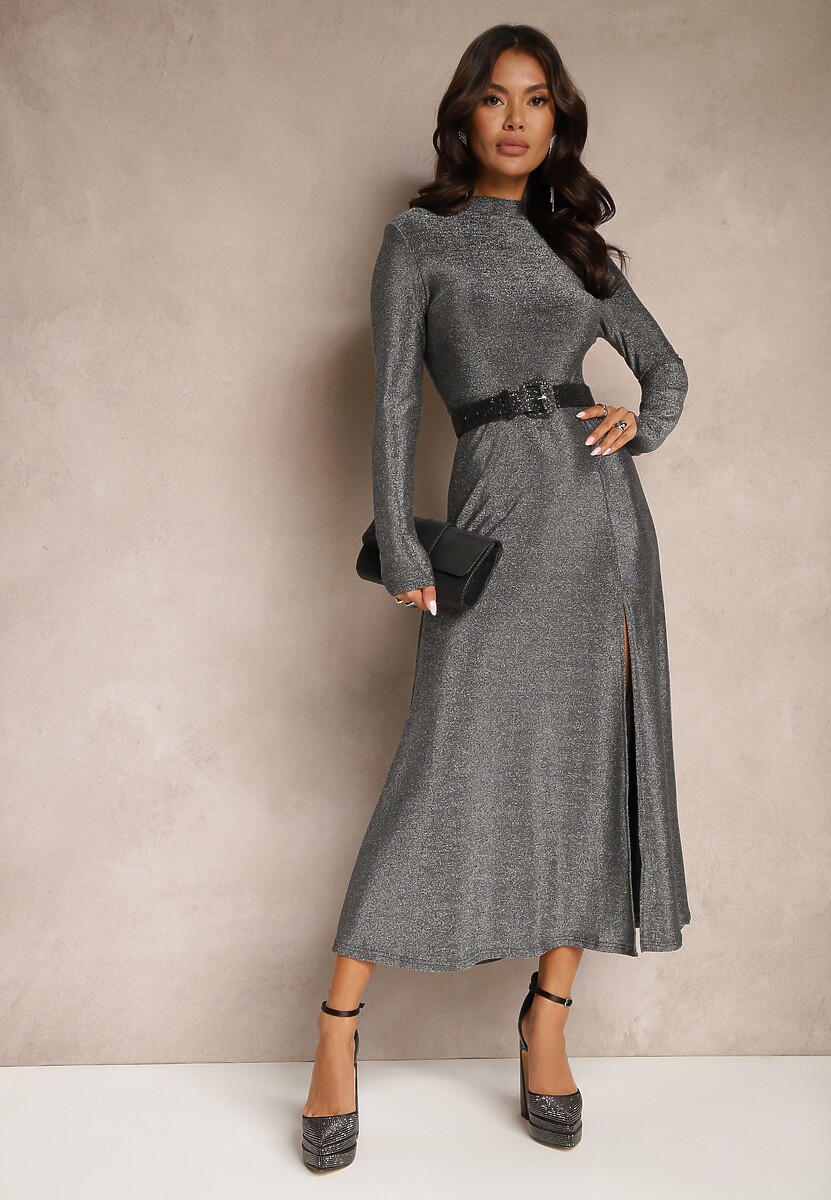 Srebrna Elegancka Sukienka z Wiskozą i Brokatem Werista