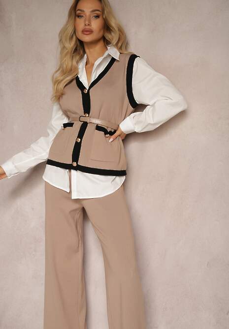 Beżowy Komplet z Dodatkiem Wiskozy Szerokie Spodnie Kamizelka z Paskiem Koszula Armelia