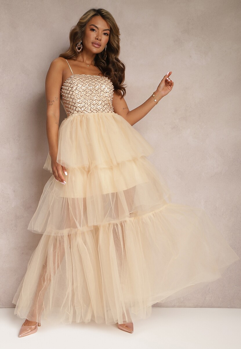 Beżowa Wieczorowa Sukienka Maxi Ozdobiona Cekinami i Falbankami z Tiulu Neptina