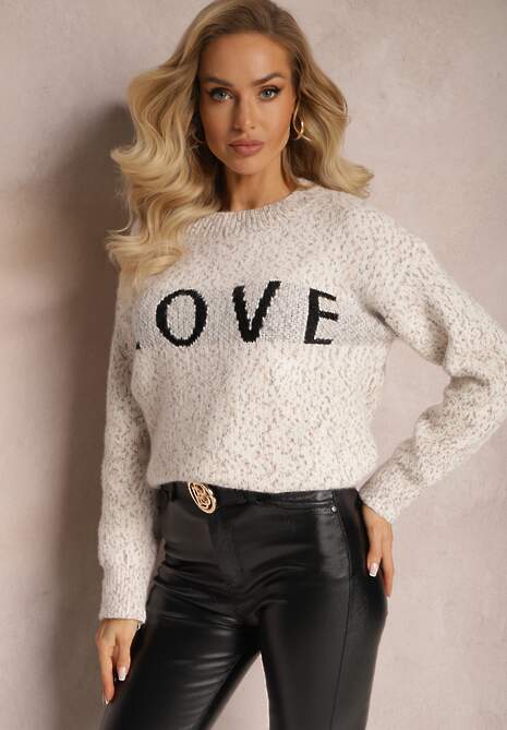 Jasnobeżowy Sweter z Ozdobnym Napisem Wykończony Ściągaczami Minisoji