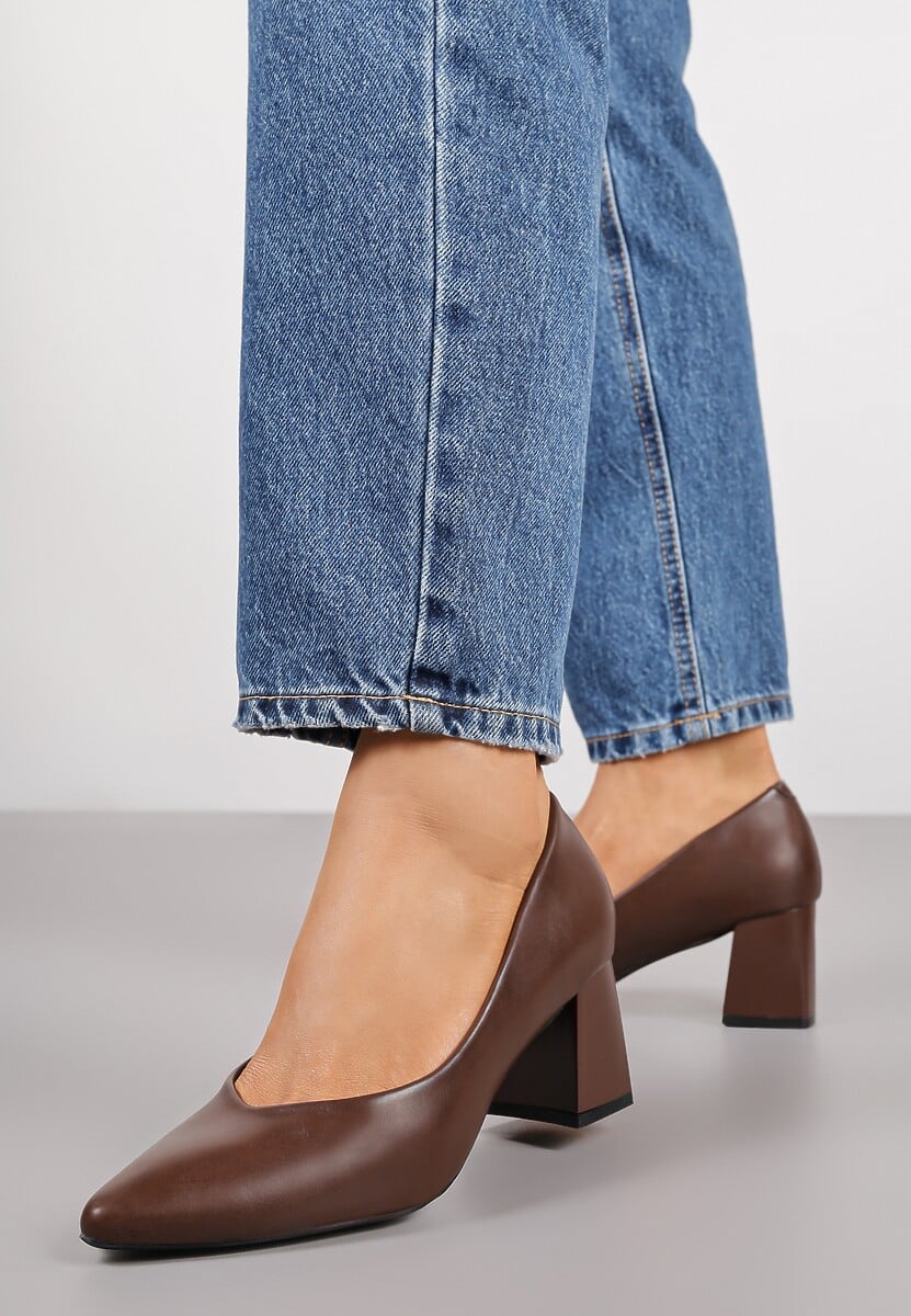 Brązowe Czółenka Vices Basic na Słupkowym Obcasie ze Skórzaną Wkładką Esande