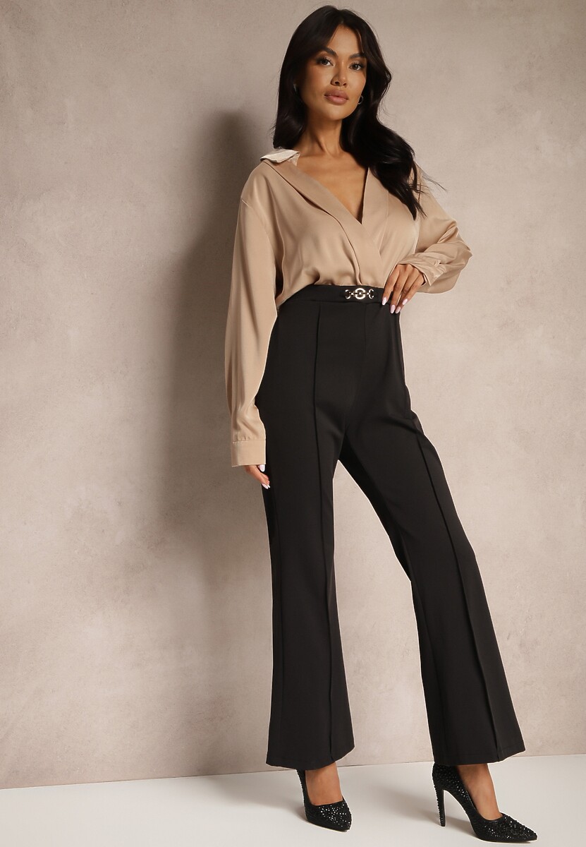 Beżowy Kopertowy Kombinezon z Elegancką Koszulową Górą i Szerokimi Nogawkami Vareti