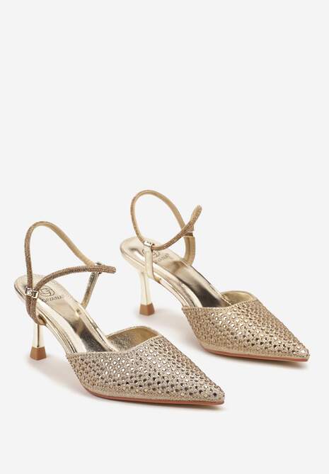 Złote Sandały Slingback na Szpilce ze Szpiczastym Noskiem z Cyrkoniami Dimena