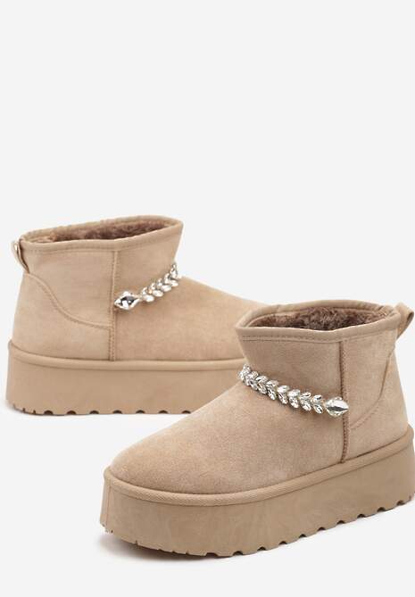 Ciemnobeżowe Śniegowce na Grubej Podeszwie z Ekozamszu Ozdobione Cyrkoniowym Łańcuszkiem Ninnalith