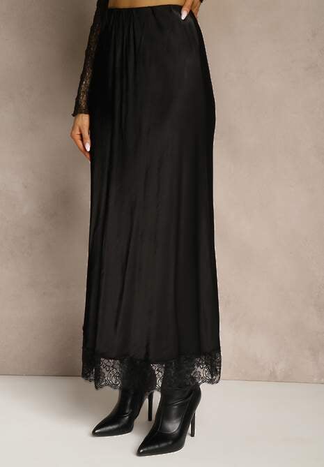 Czarna Wiskozowa Spódnica Satynowa z Koronką Fedore