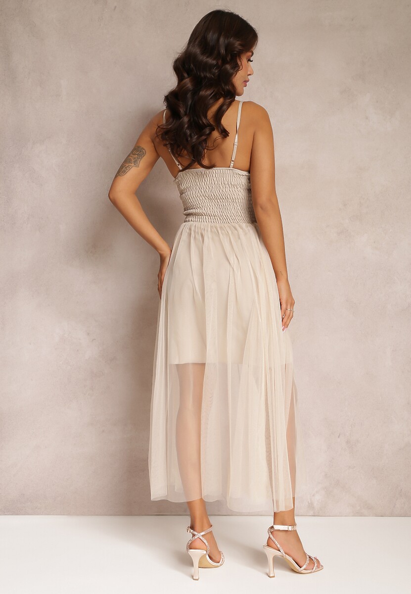 Beżowa Sukienka na Ramiączkach z Tiulowym Dołem Liuli