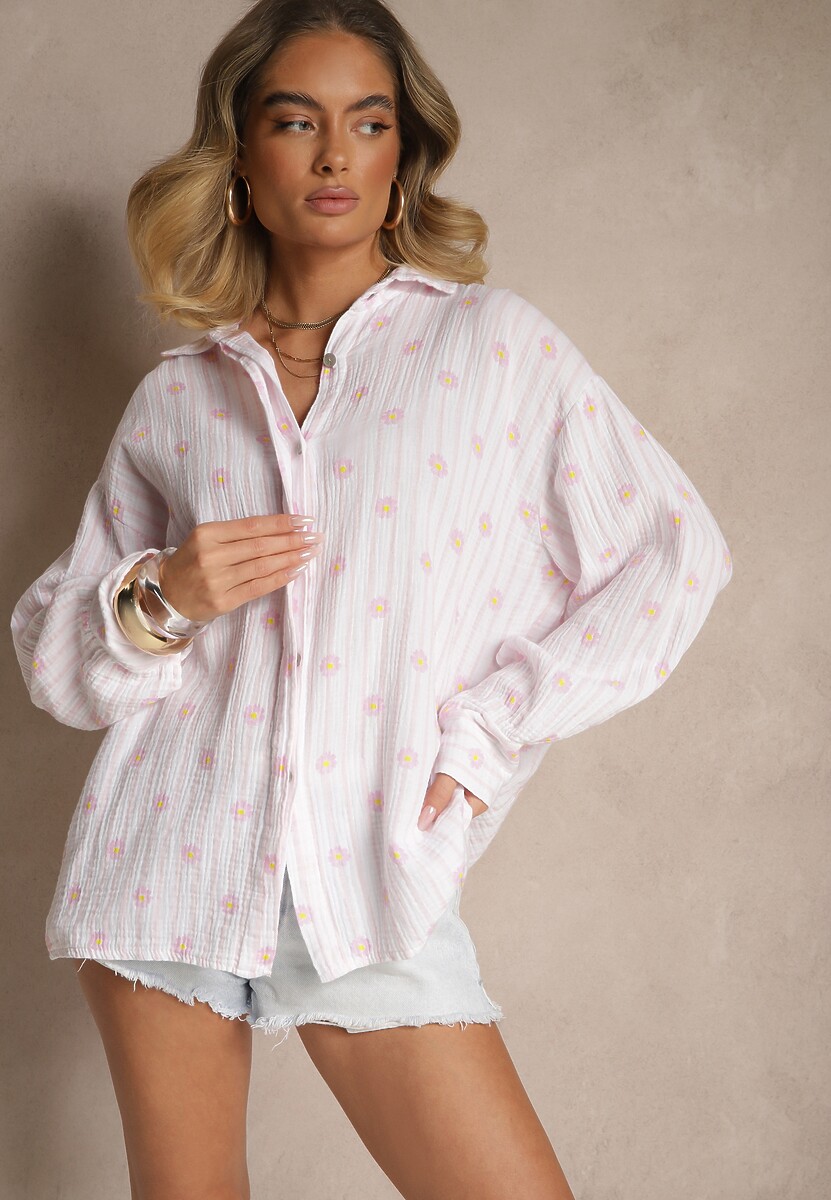 Niebieska Koszula z Bawełny w Prążki Zdobiona Kwiatowym Wzorem Apiola