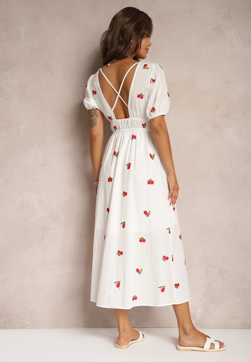 Biała Rozkloszowana Koktajlowa Sukienka z Bawełny z Gumką w Talii i Haftem z Wisienkami Vimasina