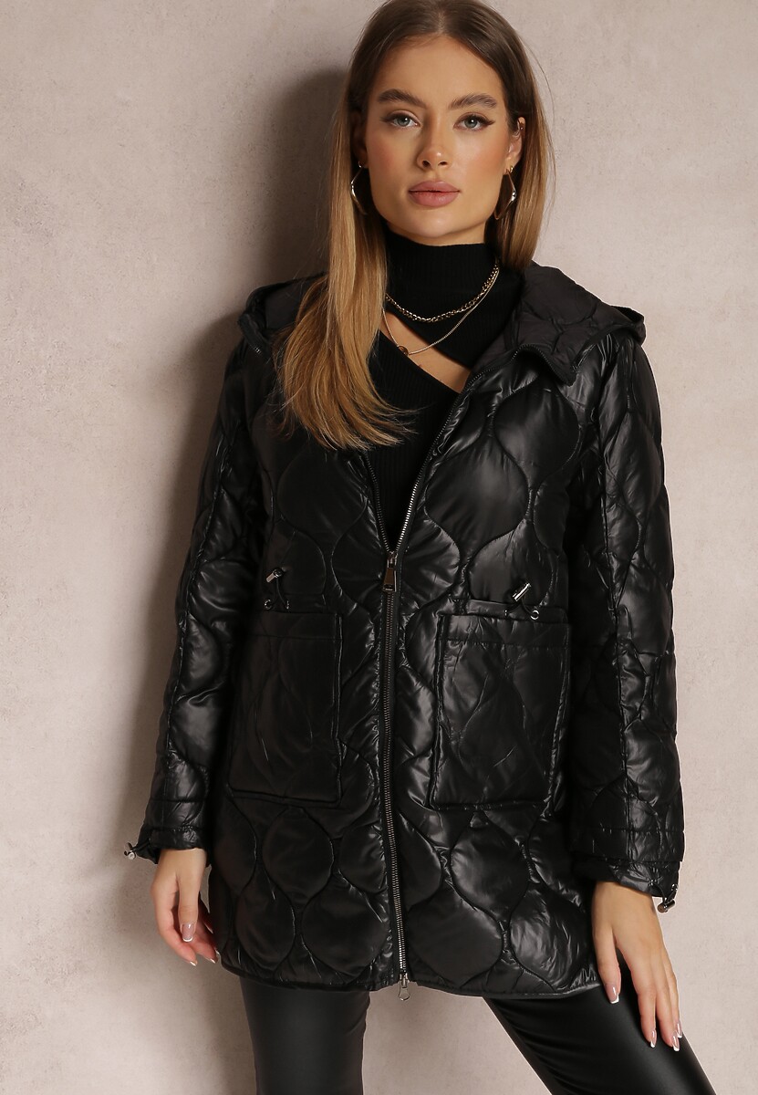 Czarna Kurtka z Geometrycznym Pikowaniem i Kapturem Meole