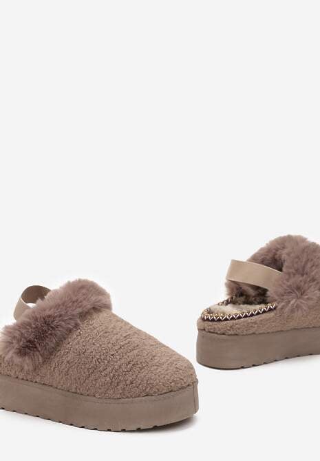 Ciemnobeżowe Futerkowe Śniegowce na Grubej Podeszwie z Gumką na Pięcie Sosena