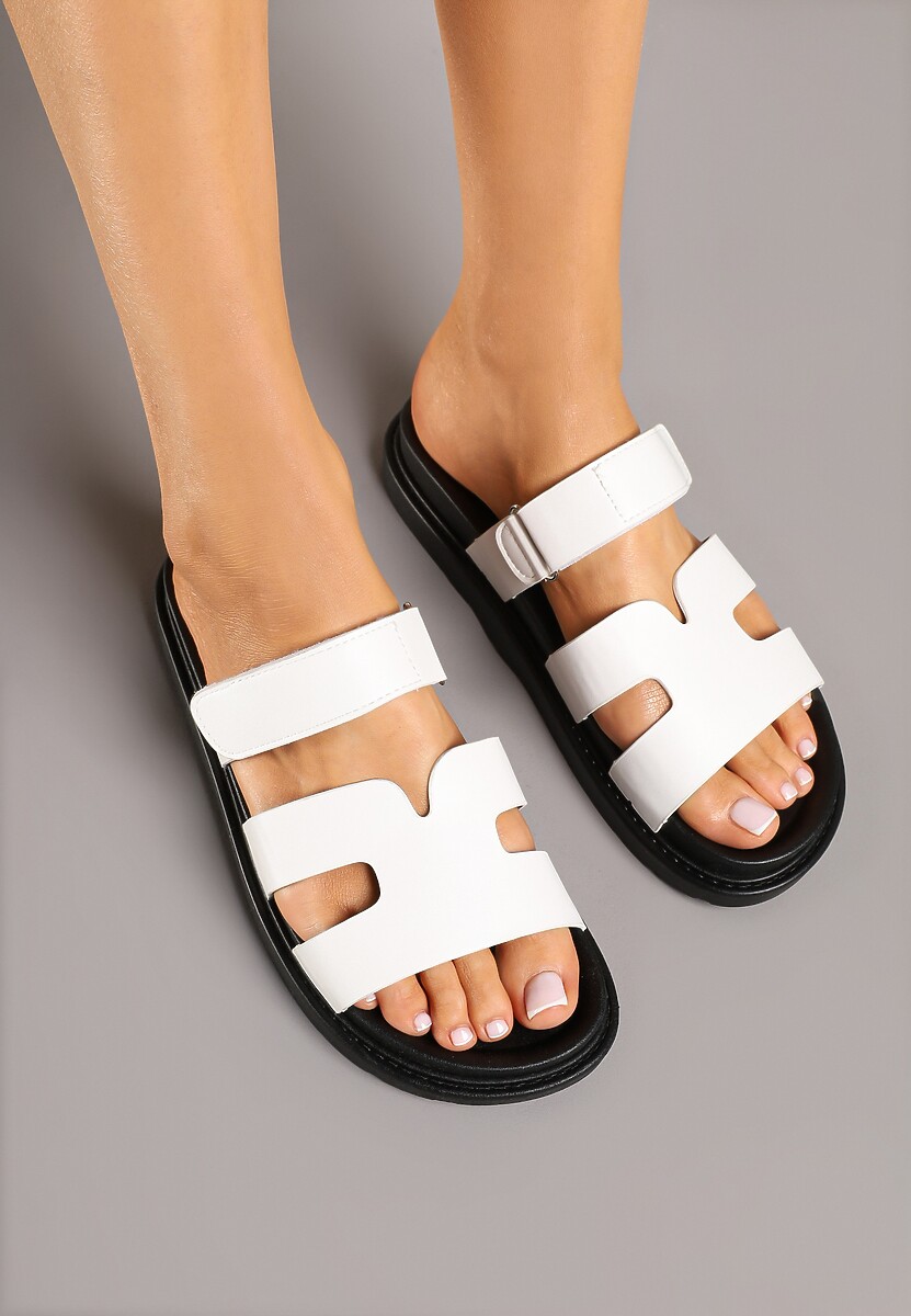 Białe Klapki z Ozdobnymi Wycięciami i Zapięciem na Rzep Redilara