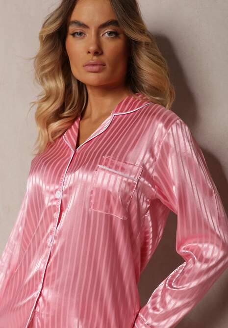 Różowy Komplet Piżamowy Góra o Koszulowym Kroju z Guzikami Spodnie z Gumką w Talii Rivanias