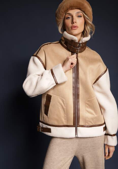 Beżowa Kurtka Pilotka ze Sztucznym Barankowym Futerkiem Phaerehe