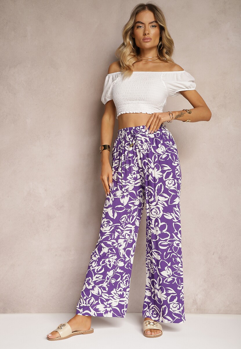 Fioletowe Spodnie High Waist z Wiskozy w Kwiaty z Szerokimi Nogawkami i Gumką w Pasie Gronea
