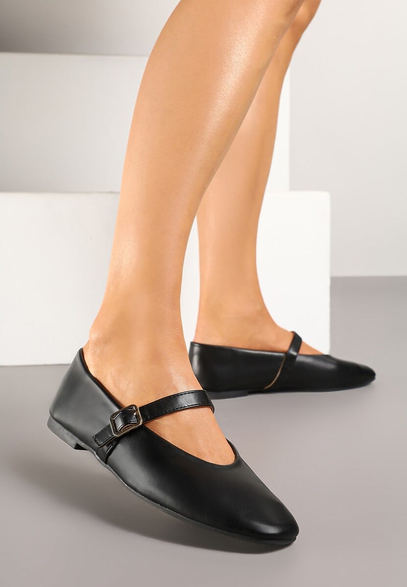 Czarne Balerinki w Stylu Mary Jane z Klamerką Leniffia