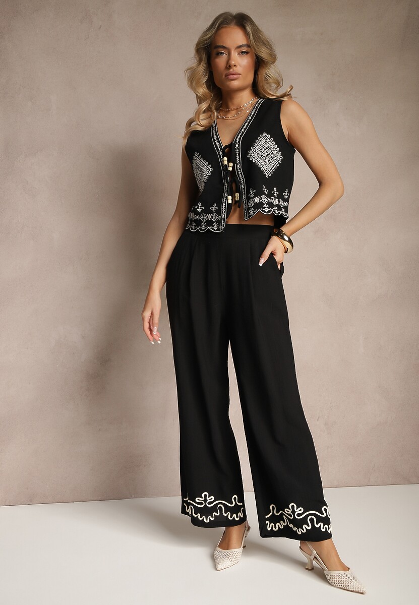 Czarne Wiskozowe Spodnie o Szerokim Kroju z Lnem i Przeszyciami Fenelira